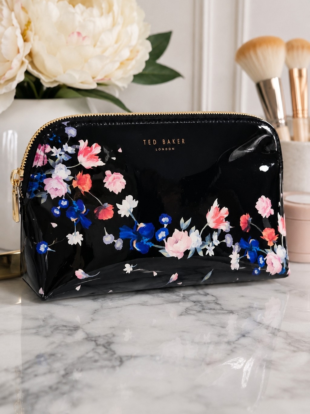 Ted Baker London Evalyn Floral Patent Cosmetic Makeup Bag Black